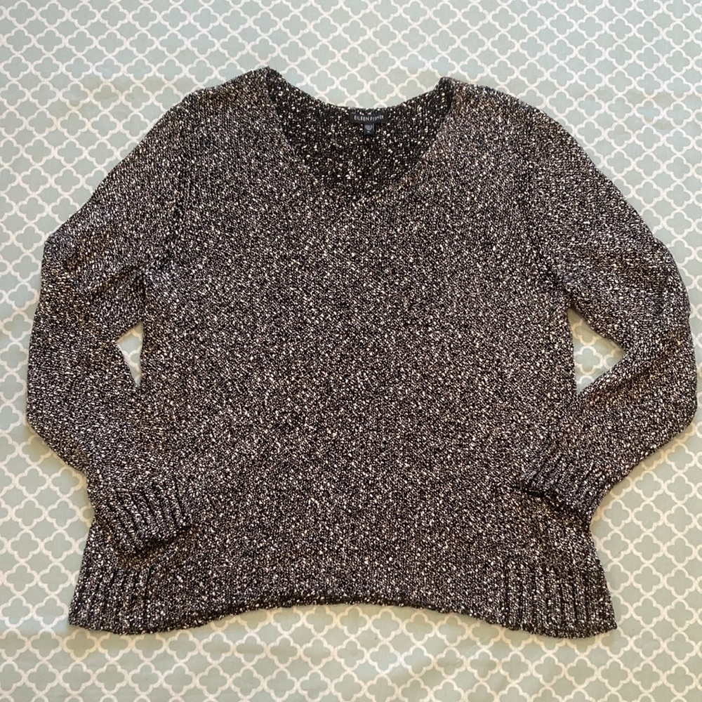 Eileen Fisher Black White Nubble Speckled Italian Yarn Cotton Sweater XL